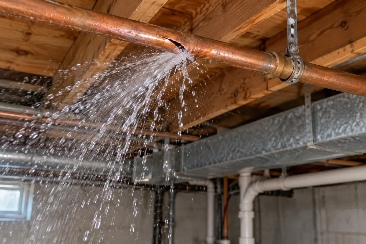 Burst pipe repair in Reading, PA, split copper pipe spraying water in a basement ceiling