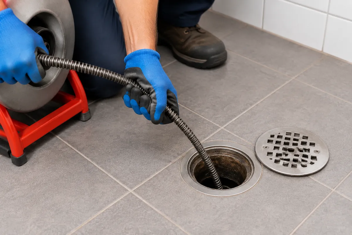 Emergency drain cleaning in Reading, PA, drum auger cable feeding into a floor drain