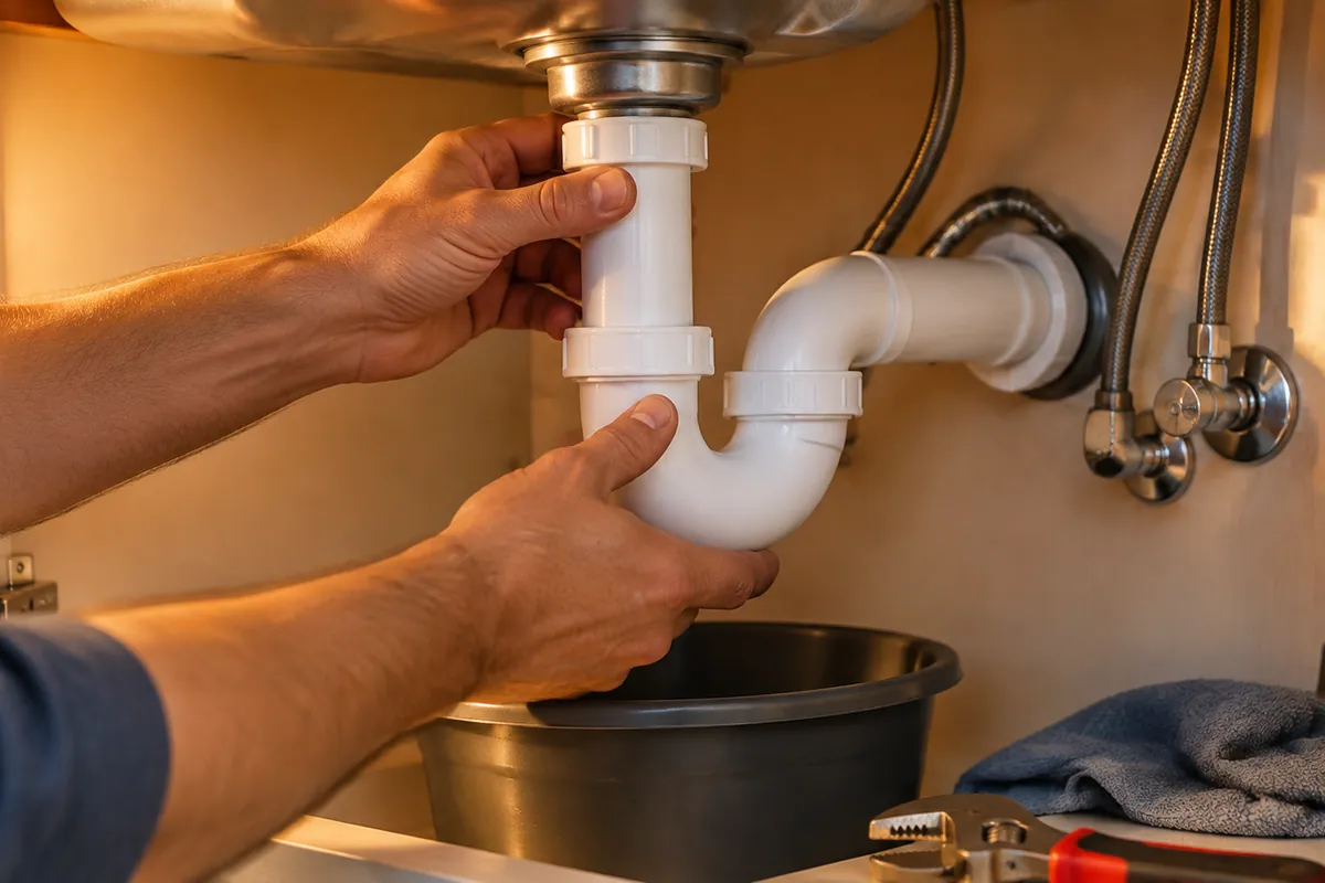 Faucet repair in Reading, PA, plumber's hands fitting a drain trap under a sink