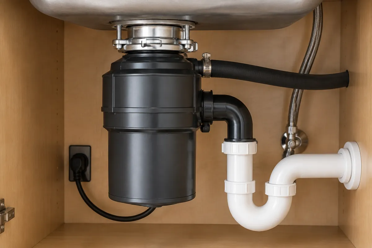 Garbage disposal repair in Reading, PA, under-sink view of the disposal, drain trap and dishwasher hose