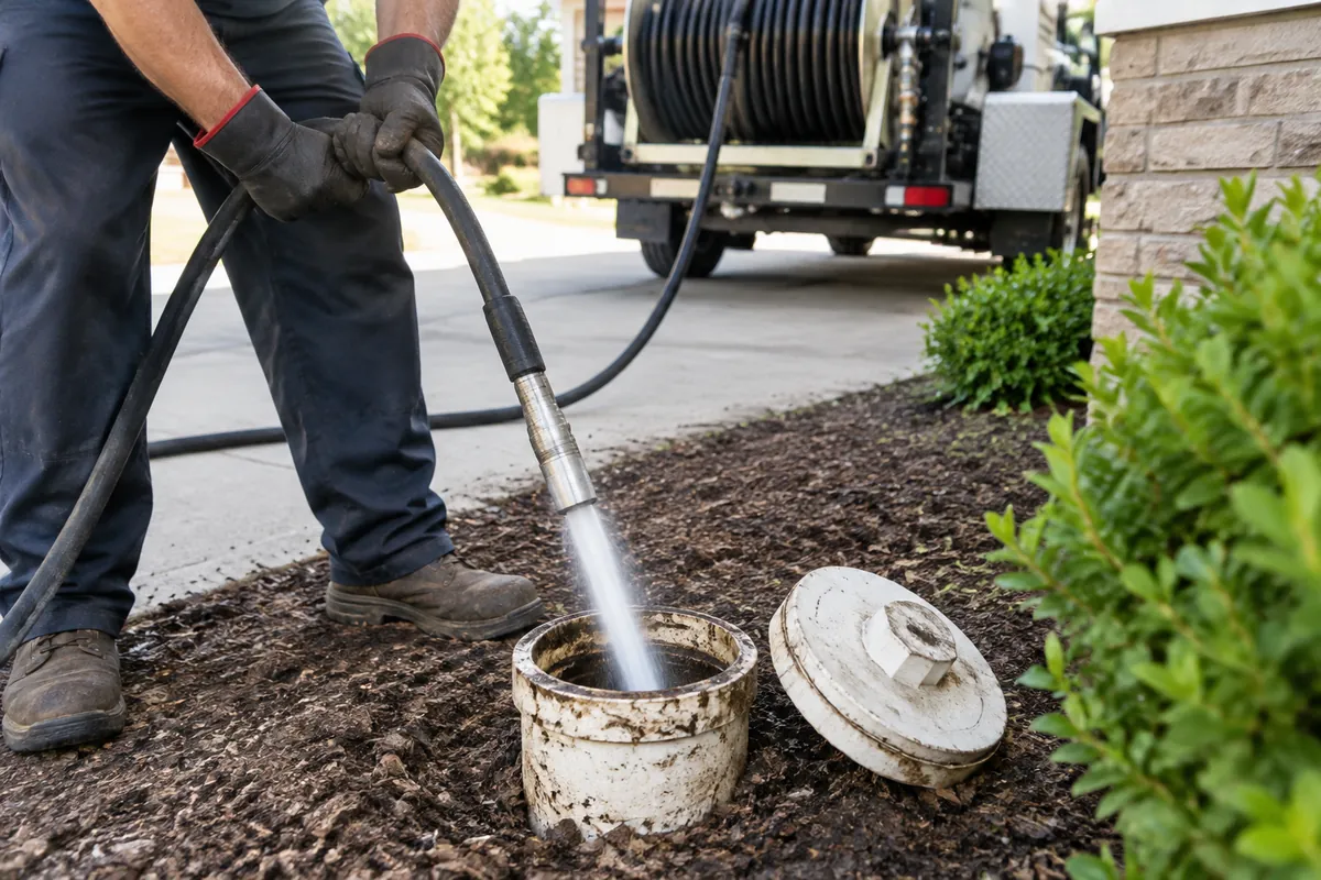 Hydro jetting a sewer line in Reading, PA, technician with a jetting hose at a cleanout