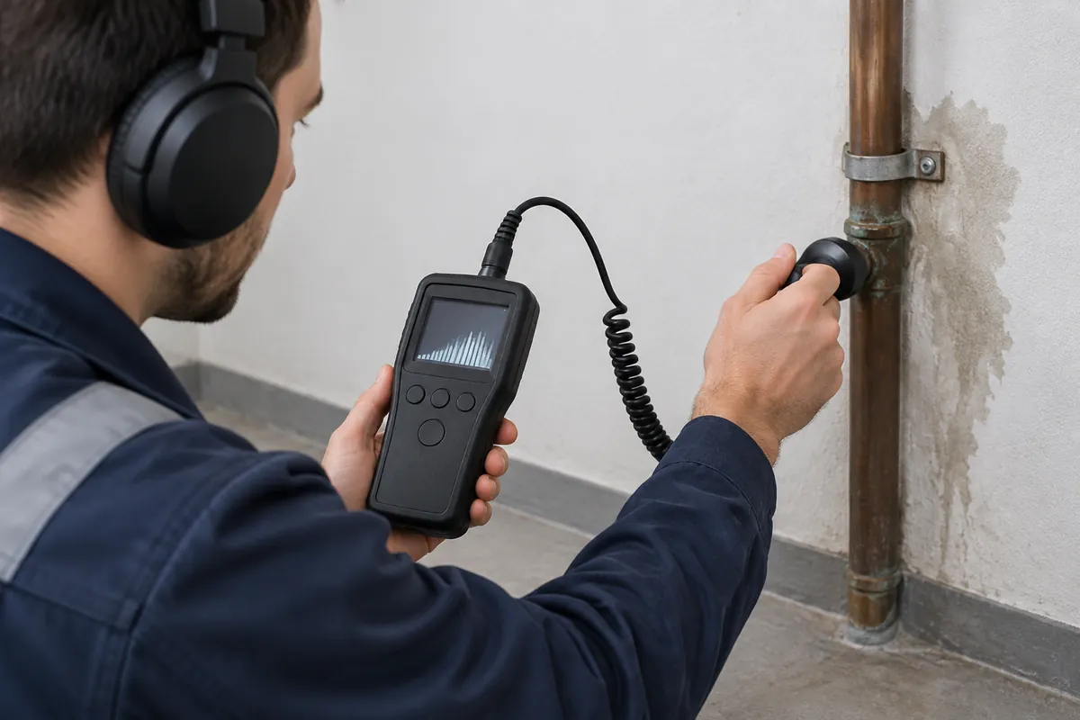 Leak detection in Reading, PA, technician using an acoustic listening device on a pipe
