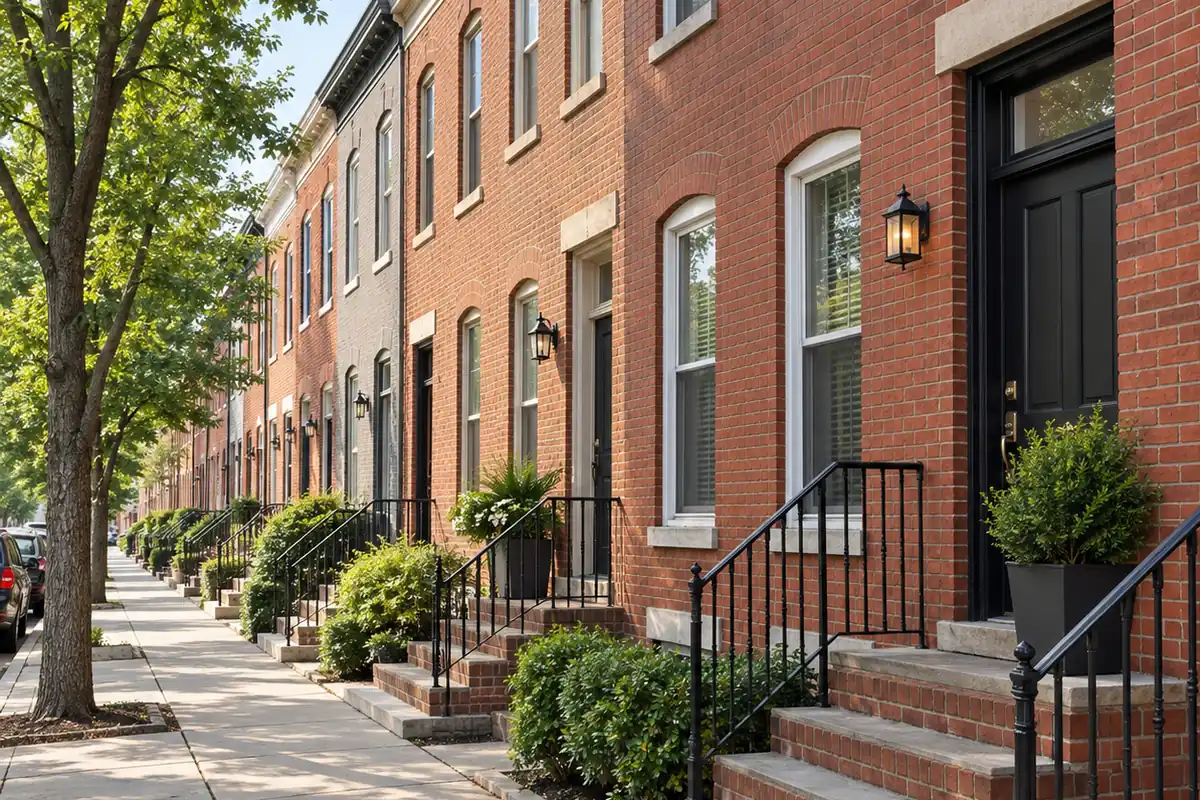 Brick rowhouses along a tree-lined city street