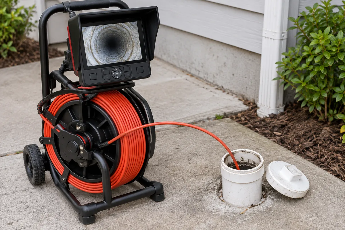 Sewer line repair in Reading, PA, camera reel and monitor at an outdoor cleanout