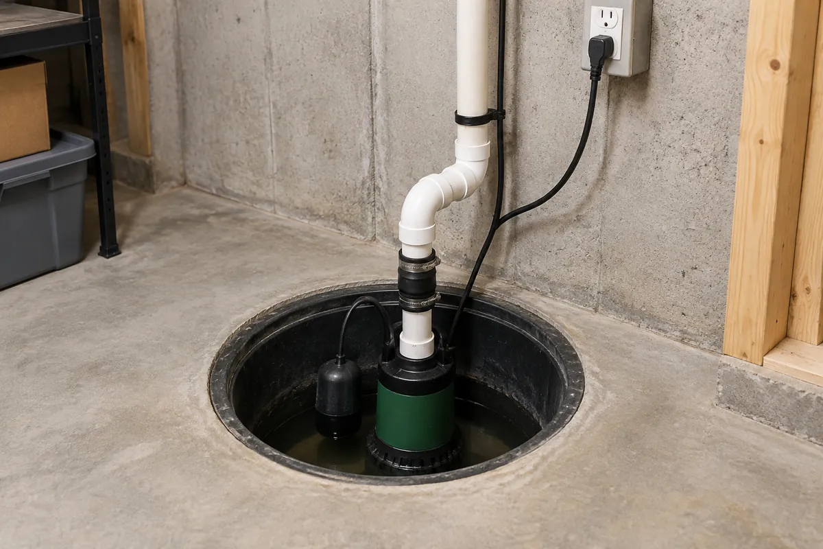 Sump pump installation in Reading, PA, pump in a basement sump pit