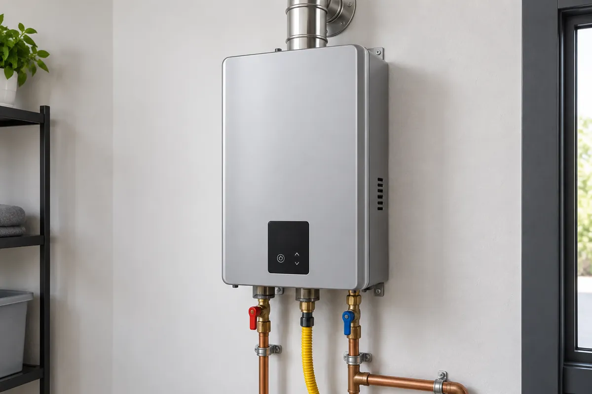 Tankless water heater installation in Reading, PA, wall-mounted unit with gas and water connections