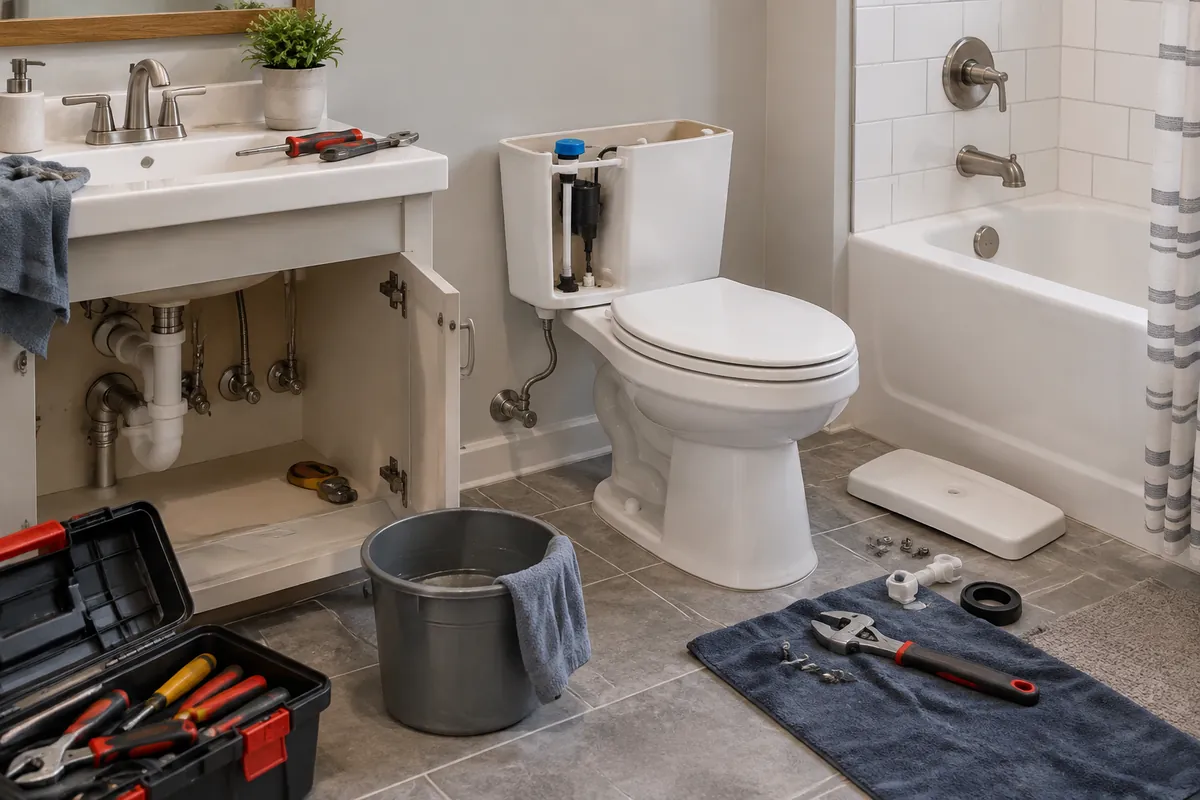 Toilet repair in Reading, PA, bathroom with tank open and tools laid out
