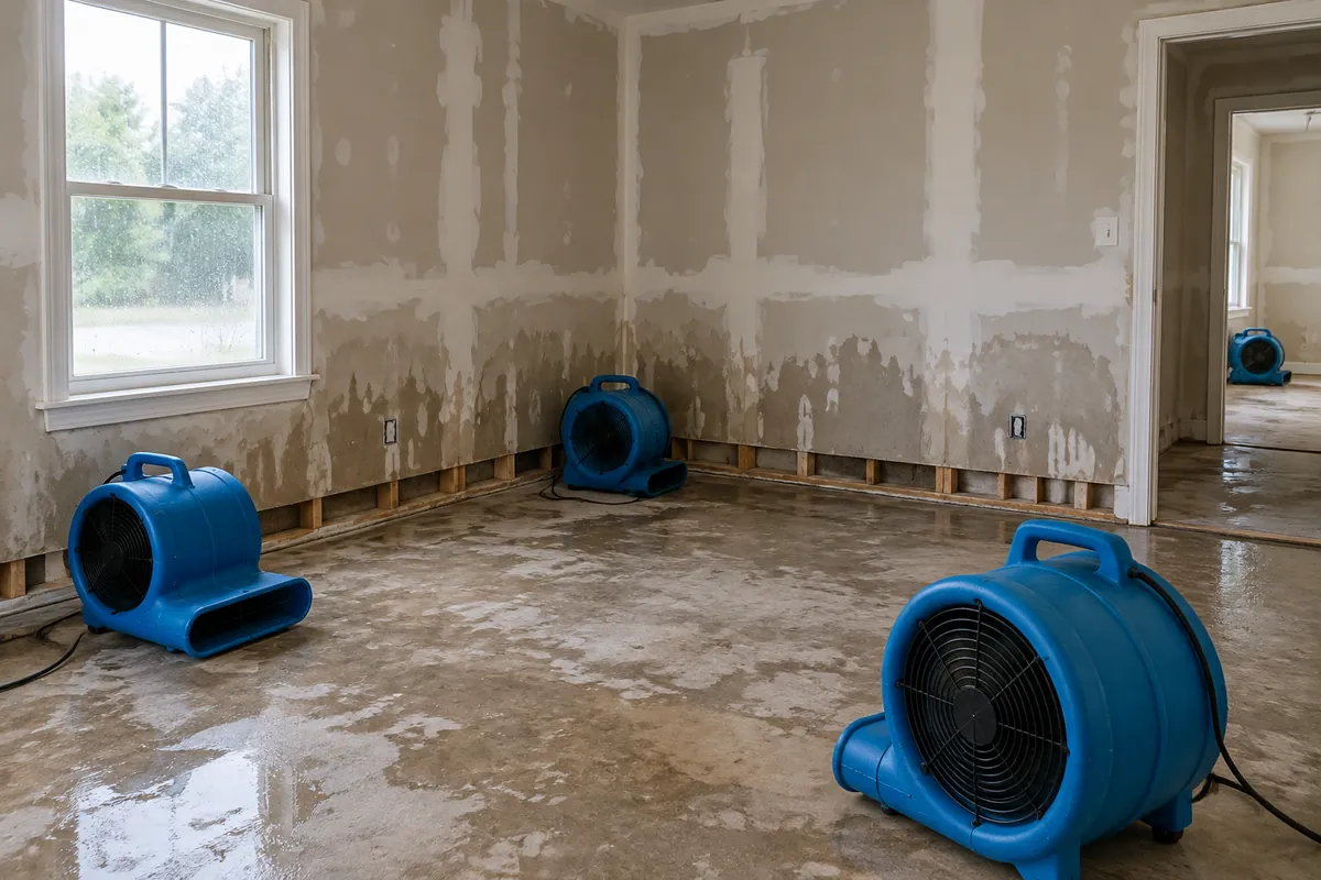 Water damage restoration in Reading, PA, air movers drying a flooded room with open walls