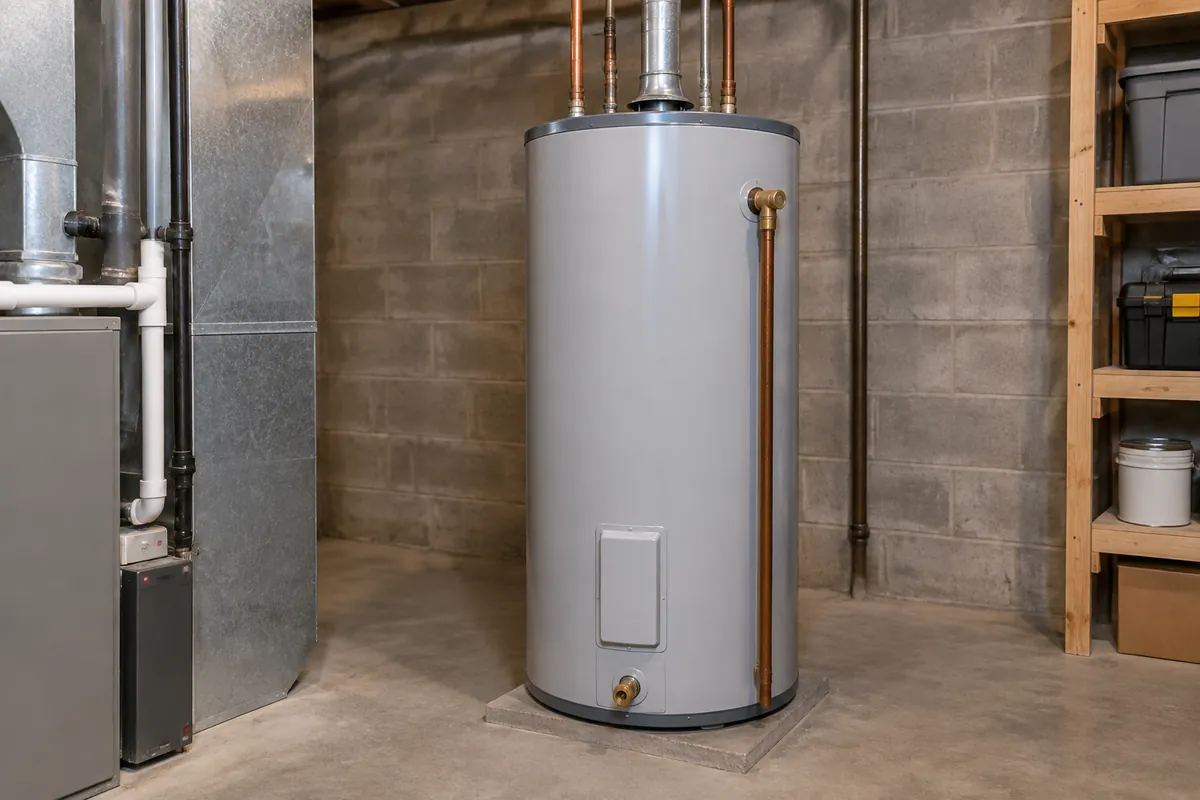 Water heater replacement in Reading, PA, tank unit with supply pipes in a basement
