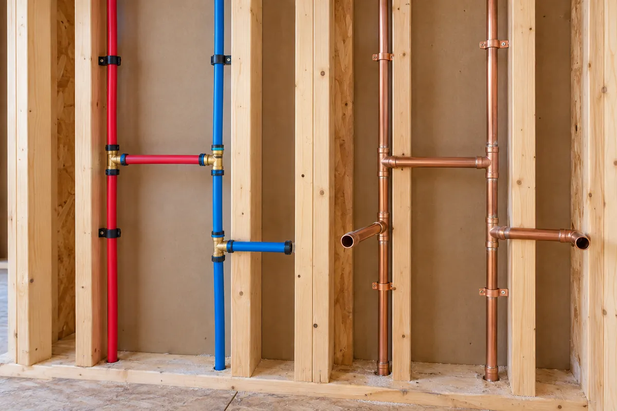 Whole house repiping in Reading, PA, PEX and copper supply lines in open wall framing